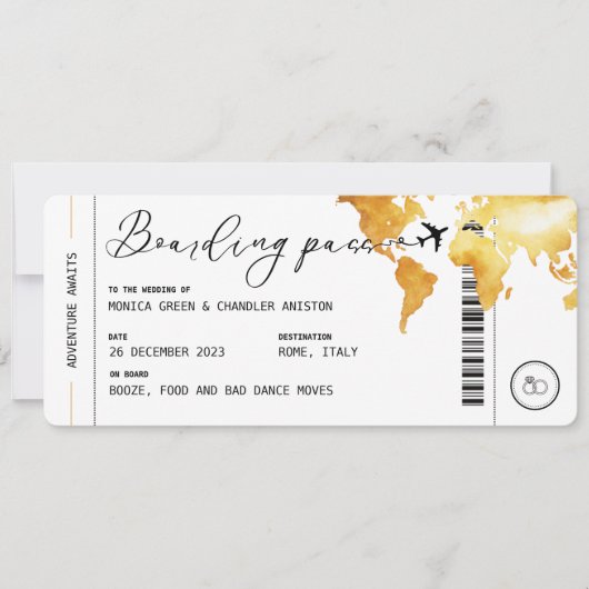 Gold boarding Pass Destination Wedding QR code Kaart (Voorkant)