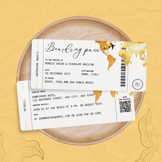 Gold boarding Pass Destination Wedding QR code Kaart