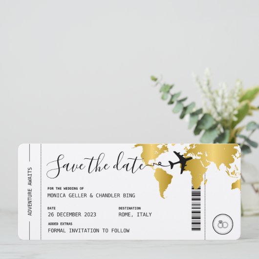 GOLD Boarding Pass Reizen Save the Date Bruiloft Kaart (Staand voorkant)