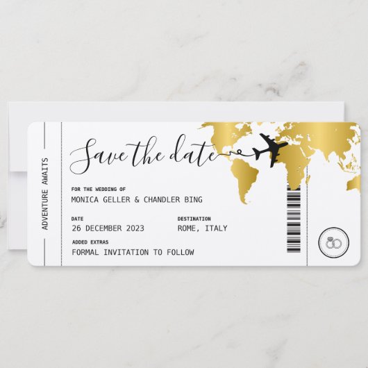 GOLD Boarding Pass Reizen Save the Date Bruiloft Kaart (Voorkant)