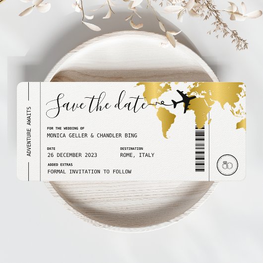 GOLD Boarding Pass Reizen Save the Date Bruiloft Kaart