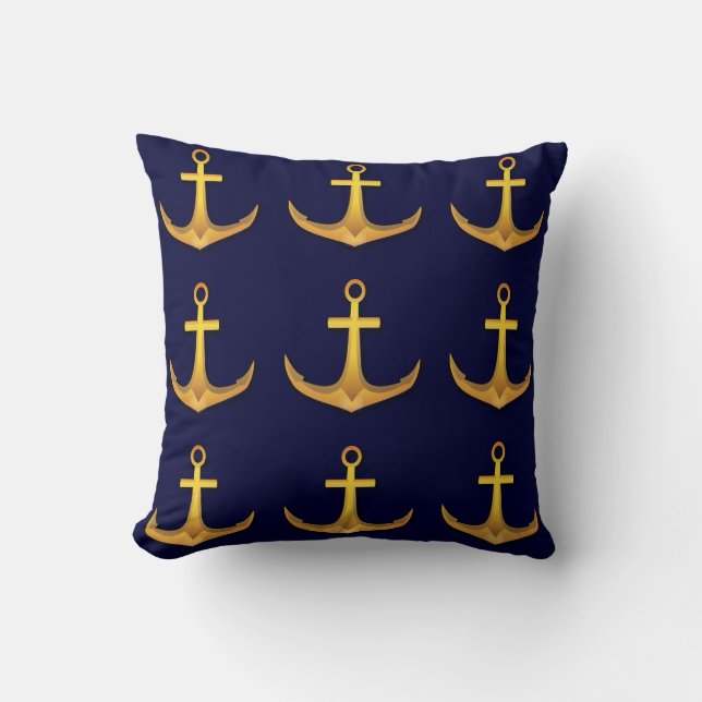 Gold Boat Ship Anchor Nautical Navy Blue Kussen (Voorkant)