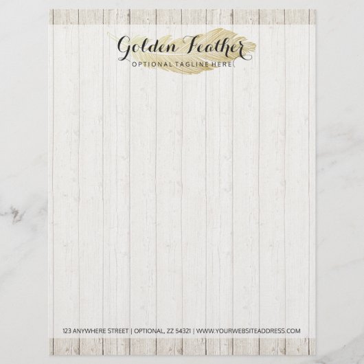 Gold Bohemian Feather op Rustige houten planken Briefhoofd Sjabloon (Voorkant)