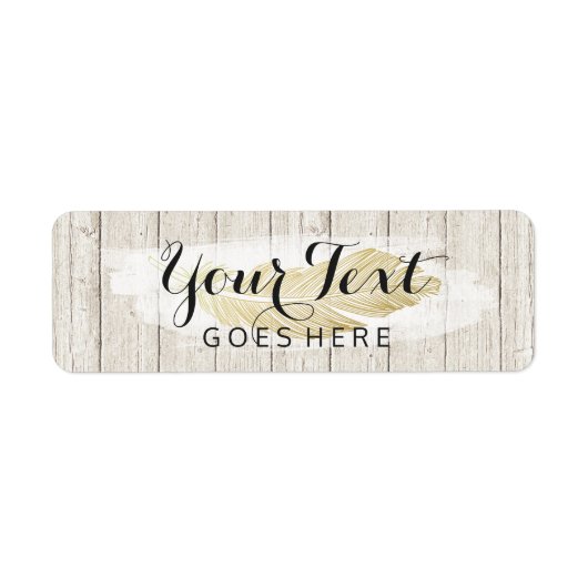 Gold Bohemian Feather op Rustige houten planken Etiket (Voorkant)