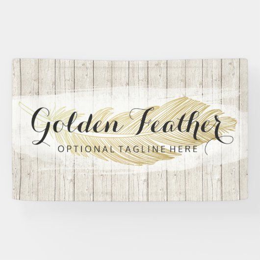 Gold Bohemian Feather op Rustige houten planken Spandoek (Horizontaal)