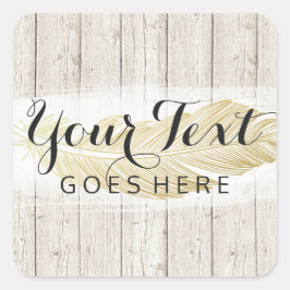 Gold Bohemian Feather op Rustige houten planken Vierkante Sticker