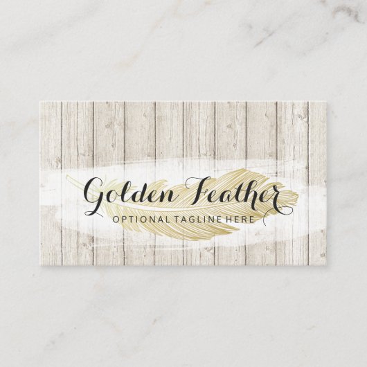 Gold Bohemian Feather op Rustige houten planken Visitekaartje (Voorkant)