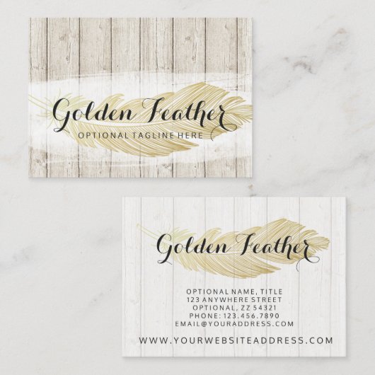 Gold Bohemian Feather op Rustige houten planken Visitekaartje (Voorkant / Achterkant)