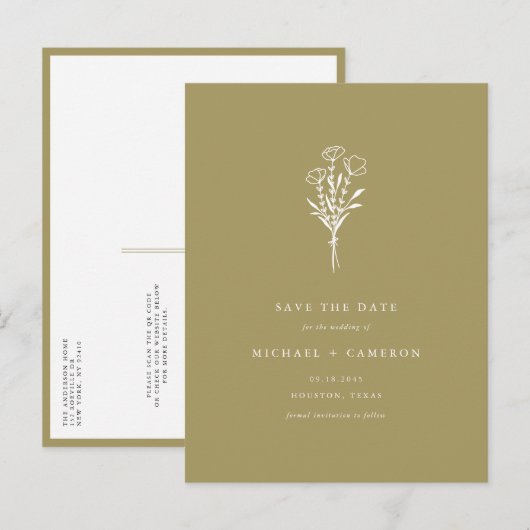 Gold Boho Botanical QR Code Bewaar de datum Aankondigingskaart (Voorkant / Achterkant)