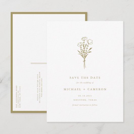 Gold Boho Botanical QR Code Bewaar de datum Aankondigingskaart (Voorkant / Achterkant)