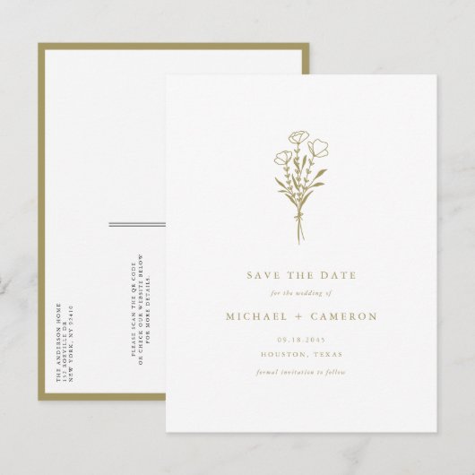Gold Boho Botanical QR Code Bewaar de datum Aankondigingskaart (Voorkant / Achterkant)
