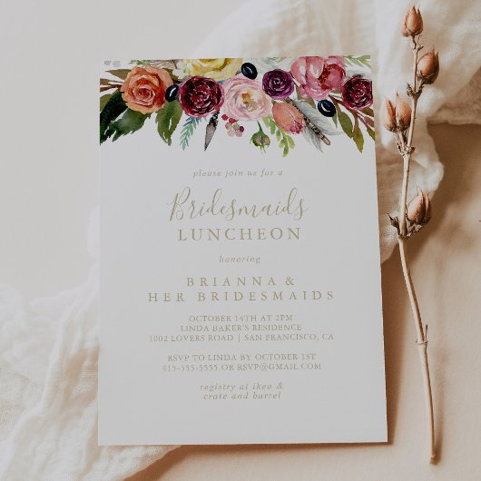 Gold Boho Floral Bridesmaids Luncheon Shower Kaart