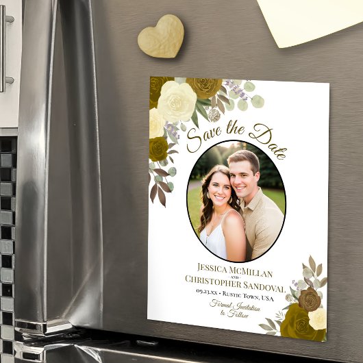 Gold Boho Floral & Photo Wedding Save the Date Magnetische Uitnodiging
