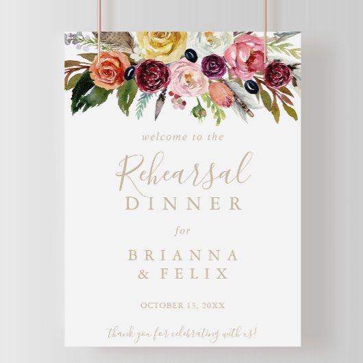 Gold Boho Floral Rehearings Dinner Welcome Sign Poster