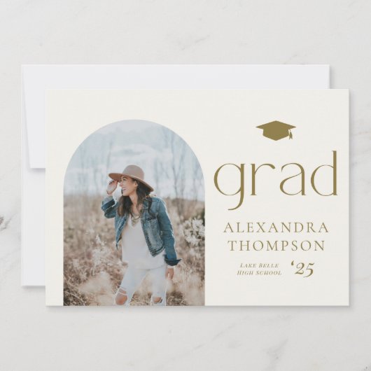 Gold Boho Minimalist Arch Photo Afstuderen Kaart (Voorkant)