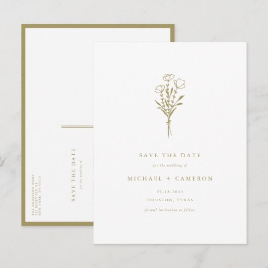 Gold Boho Minimalist Botanical Save the Date Aankondigingskaart (Voorkant / Achterkant)