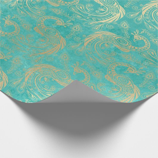Gold Boho Peacocks op Aqua Cadeaupapier (Hoek)