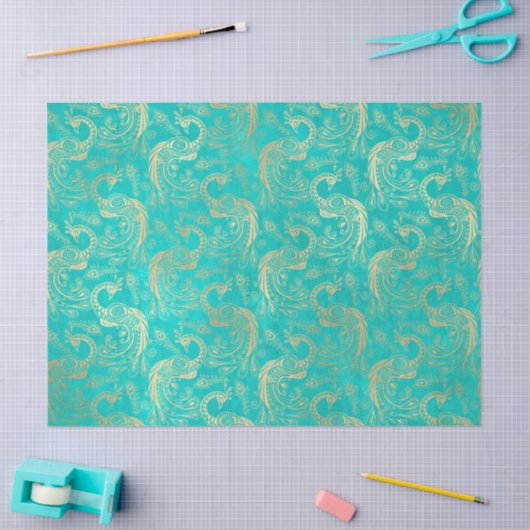 Gold Boho Peacocks op Aqua Decoupage Tissuepapier (Craft)