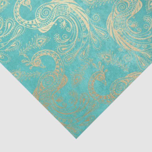 Gold Boho Peacocks op Aqua Decoupage Tissuepapier (Detail)