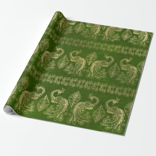 Gold Boho Peacocks op Bright Green Cadeaupapier (Uitgerold)