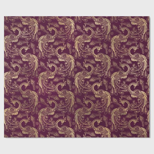 Gold Boho Peacocks op Paars Cadeaupapier (Vlak)