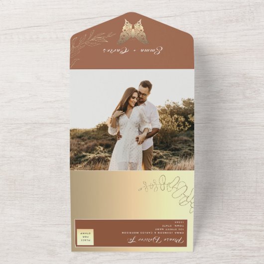 Gold Boho Terracotta Wedding All In One Uitnodiging (Buitenkant)