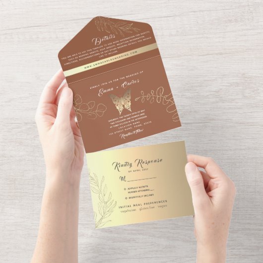 Gold Boho Terracotta Wedding All In One Uitnodiging (Afscheurbaar)