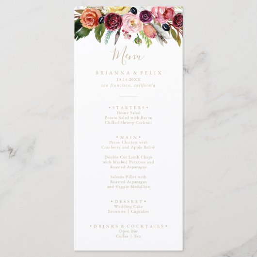 Gold Boho Tropical Floral Dinner Menu (Voorkant)