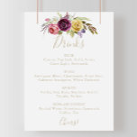 Gold Boho Tropical Floral Wedding Drink Menu Sign Poster<br><div class="desc">Dit gouden boho tropische florale bruiloft drink het menu.. is perfect voor een moderne bruiloft. Het ontwerp is voorzien van handbeschilderde bruine,  wilde veren,  boho-geel,  wit,  paars,  roze,  bloesem,  bruine bloemen en blauwe bessen die mooi in mooie bouquets zijn gerangschikt.</div>