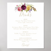 Gold Boho Tropical Floral Wedding Drink Menu Sign Poster (Voorkant)