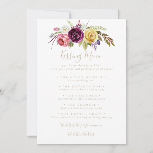 Gold Boho Tropical Wedding Kissing Menu Game Kaart (Voorkant)