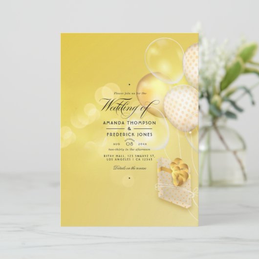 Gold Bokeh Balloons Wedding Kaart (Staand voorkant)