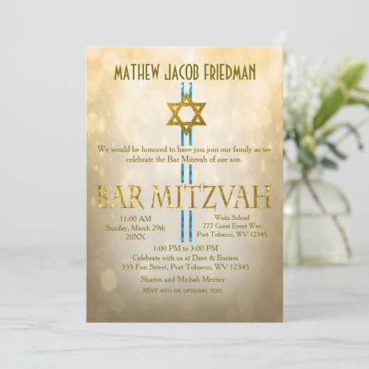 Gold Bokeh | Bar Mitzvah Kaart (Staand voorkant)