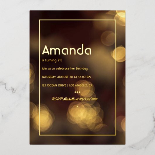 Gold Bokeh Birthday Party Folie Uitnodiging (Voorkant)