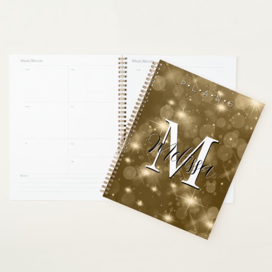Gold Bokeh Modern Monogram Sparkle Planner (Display)