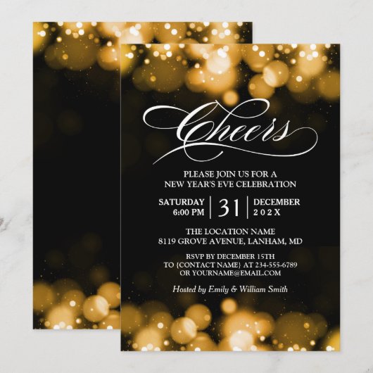 Gold Bokeh Sparkles Cheers Nieuwjaar Eve Party Kaart (Voorkant / Achterkant)