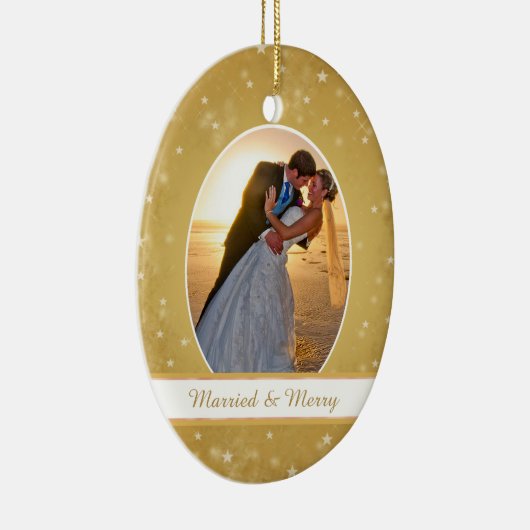 Gold Bokeh Star Lijst Eerste kerstbruiloft Keramisch Ornament (Rechts)