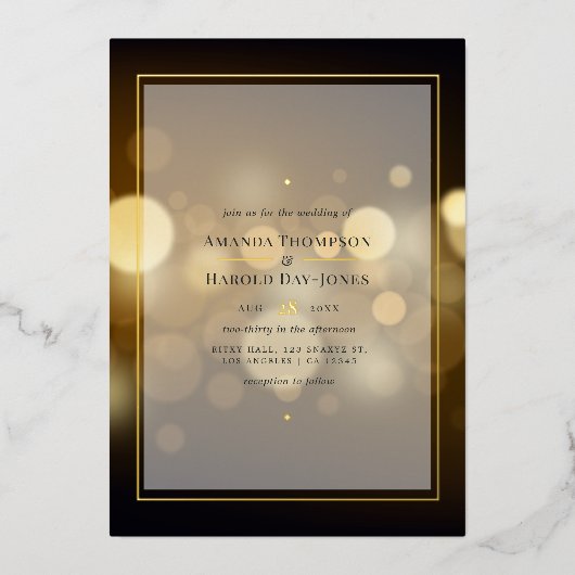 Gold Bokeh Wedding Folie Folie Uitnodiging (Voorkant)