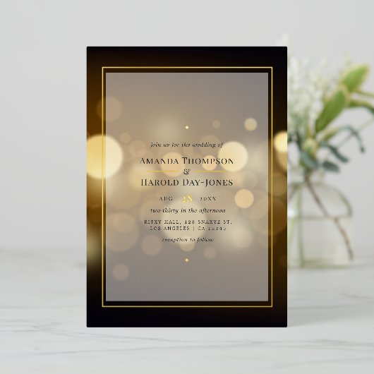 Gold Bokeh Wedding Folie Folie Uitnodiging (Staand Voorkant)