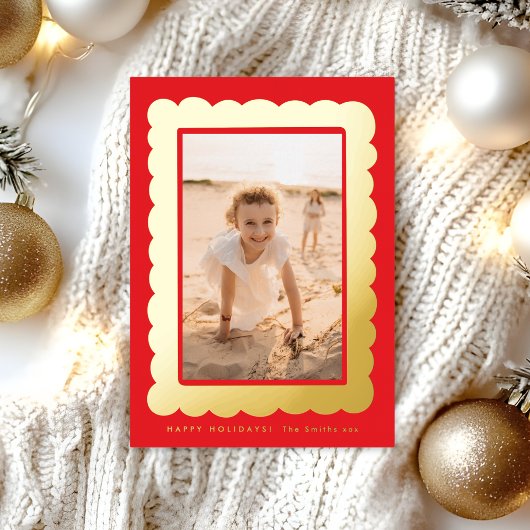 gold bold modern red retro photo frame folie feestdagenkaart