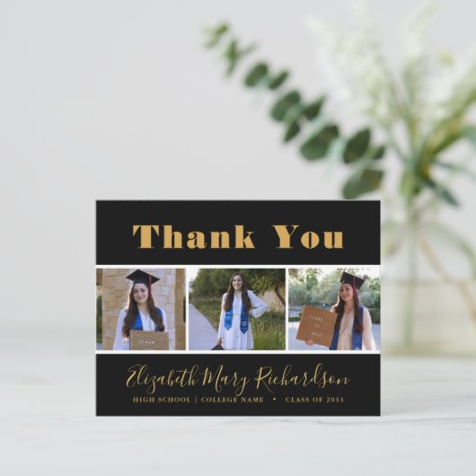 Gold Bold Script Modern 3 Foto Afstudeerder Hartel Briefkaart (Staand voorkant)