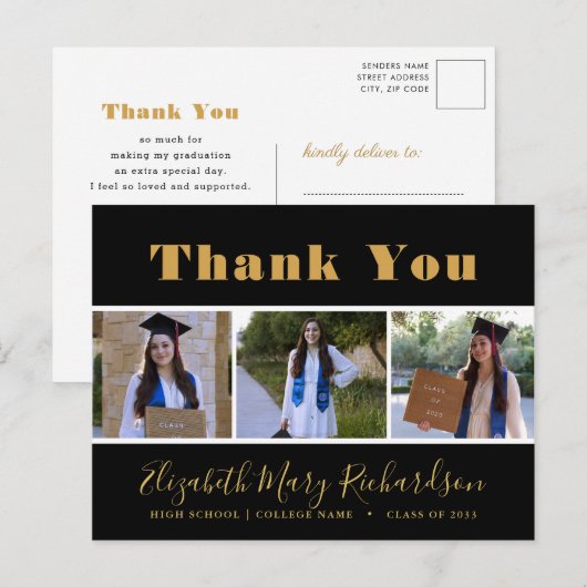 Gold Bold Script Modern 3 Foto Afstudeerder Hartel Briefkaart (Voorkant / Achterkant)