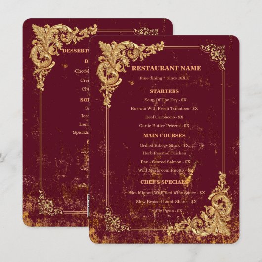 Gold Bordeaux Editable Menu with QR Code (Voorkant / Achterkant)