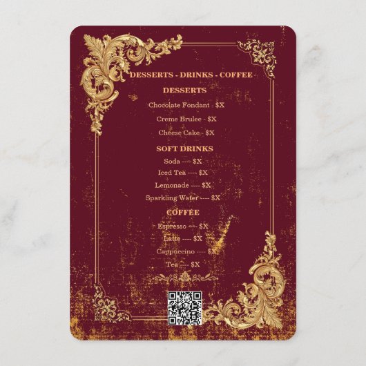 Gold Bordeaux Editable Menu with QR Code (Achterkant)