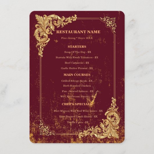 Gold Bordeaux Editable Menu with QR Code (Voorkant)
