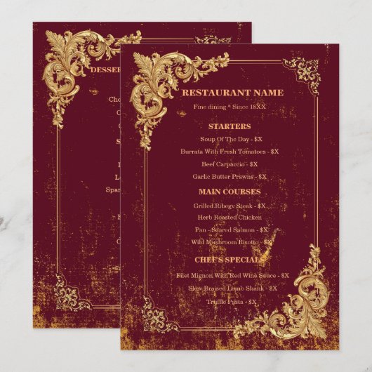 Gold Bordeaux Editable Menu with QR Code (Voorkant / Achterkant)