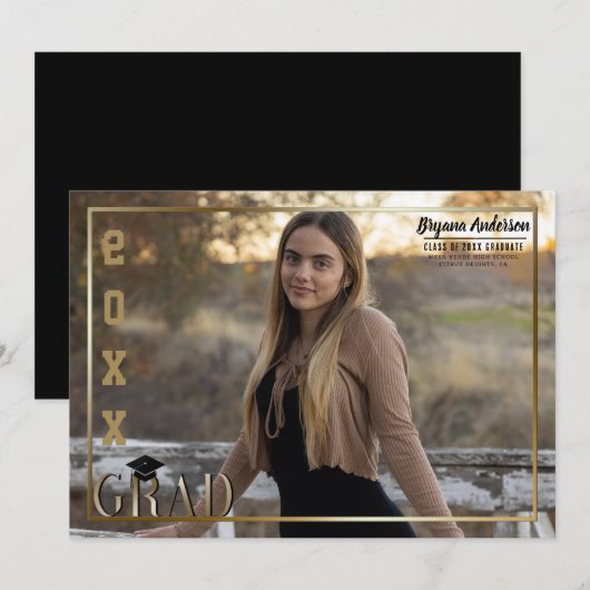 Gold Border Afstudeerder Afstuderen Foto Aankondig Kaart (Voorkant / Achterkant)