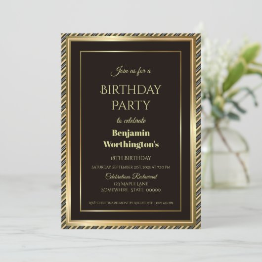 Gold Border Black 18th Birthday Kaart (Staand voorkant)