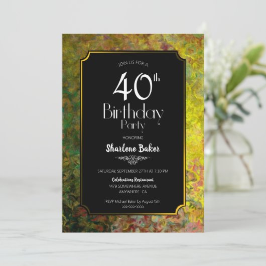 Gold Border Black 40th Birthday Party Kaart (Staand voorkant)