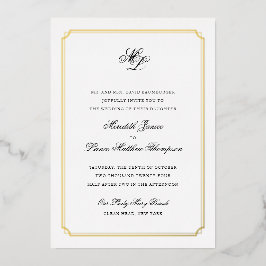 Gold Border Black and Gold Monogram Weddenschap Folie Uitnodiging